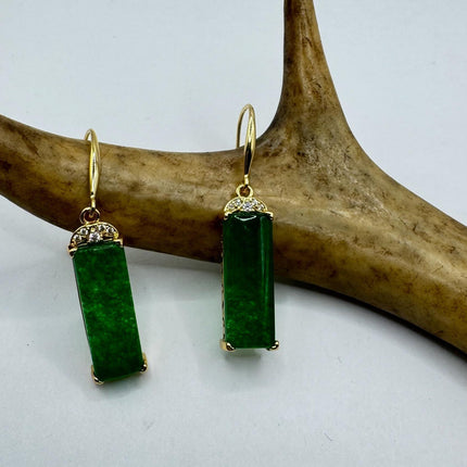 Vintage Green Jade Dangle Lucky Gold Earrings