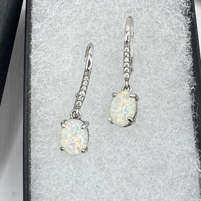 Vintage White Fire Opal and Diamond lever back Earrings 925 Sterling Silver