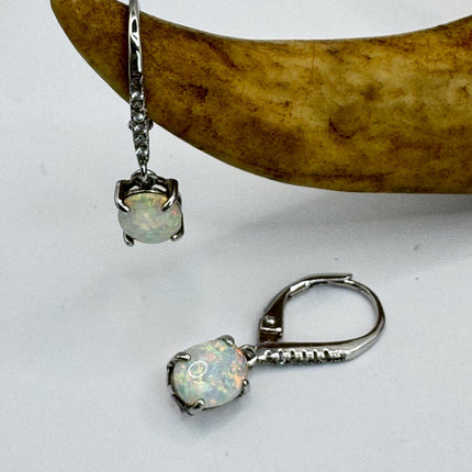 Vintage White Fire Opal and Diamond lever back Earrings 925 Sterling Silver