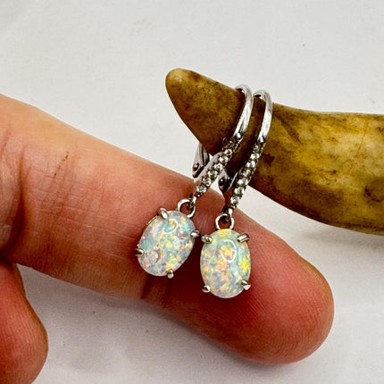 Vintage White Fire Opal and Diamond lever back Earrings 925 Sterling Silver
