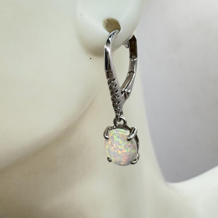 Vintage White Fire Opal and Diamond lever back Earrings 925 Sterling Silver