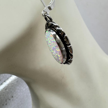 Vintage White Fire Opal lever back Earrings 925 Sterling Silver