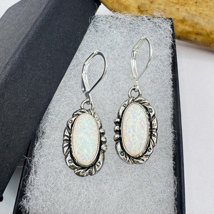 Vintage White Fire Opal lever back Earrings 925 Sterling Silver