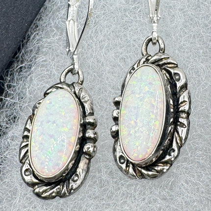 Vintage White Fire Opal lever back Earrings 925 Sterling Silver