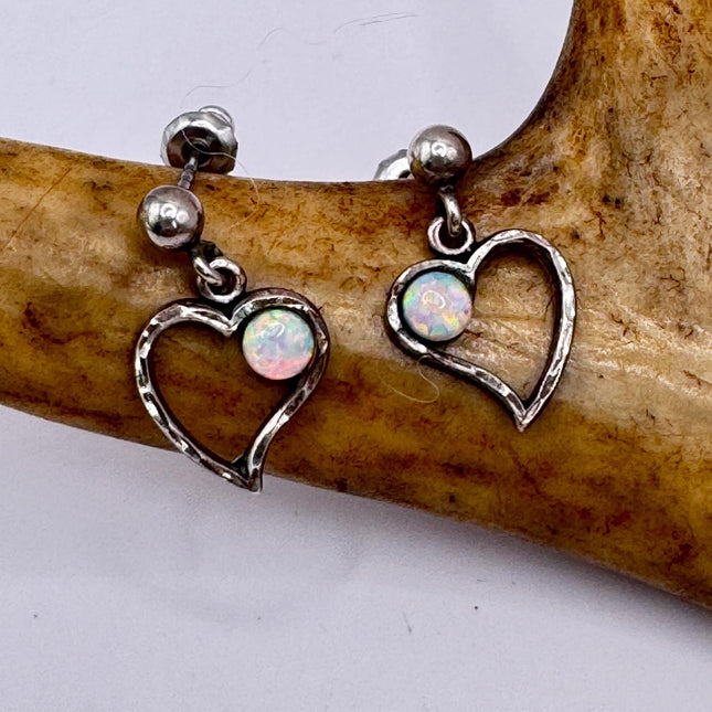 Vintage Heart White Fire Opal push back Earrings 925 Sterling Silver