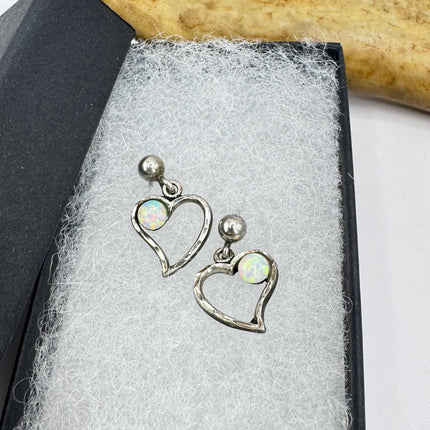 Vintage Heart White Fire Opal push back Earrings 925 Sterling Silver