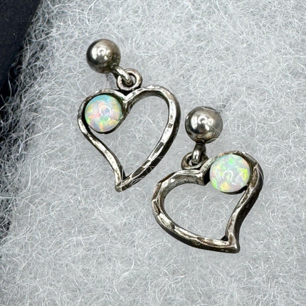 Vintage Heart White Fire Opal push back Earrings 925 Sterling Silver