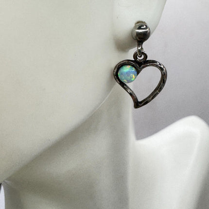 Vintage Heart White Fire Opal push back Earrings 925 Sterling Silver