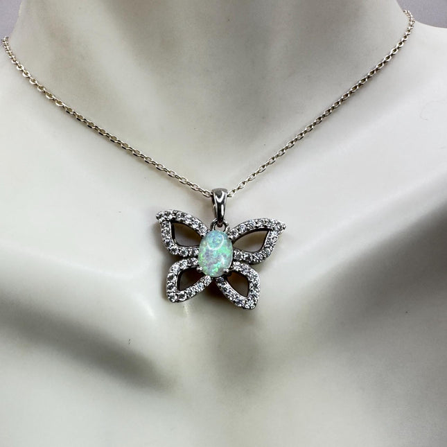 Vintage White Fire Opal Butterfly Necklace Sterling Silver Minimalist Chain