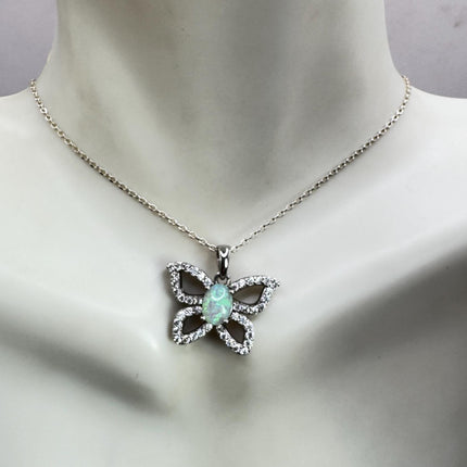 Vintage White Fire Opal Butterfly Necklace Sterling Silver Minimalist Chain