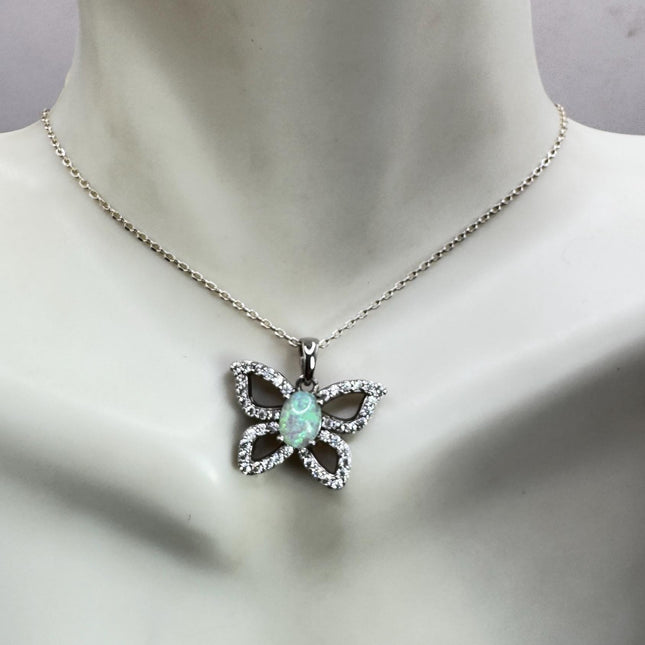 Vintage White Fire Opal Butterfly Necklace Sterling Silver Minimalist Chain-Necklaces-TomWayne Jewelers