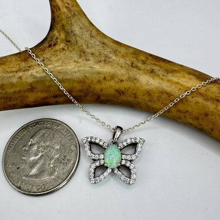 Vintage White Fire Opal Butterfly Necklace Sterling Silver Minimalist Chain