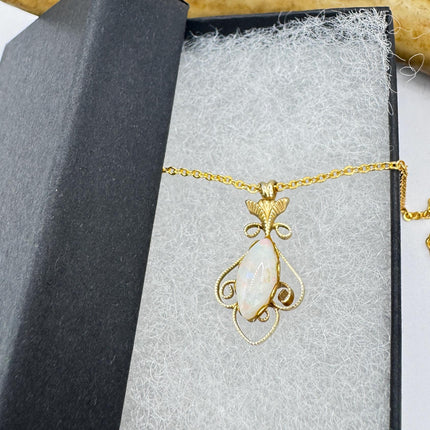 Vintage Tiny White Fire Opal Necklace Gold Filled