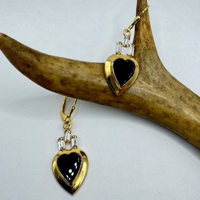 Vintage Black Onyx Gold Heart Earrings: Gold Filled