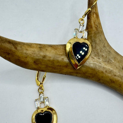 Vintage Black Onyx Gold Heart Earrings: Gold Filled