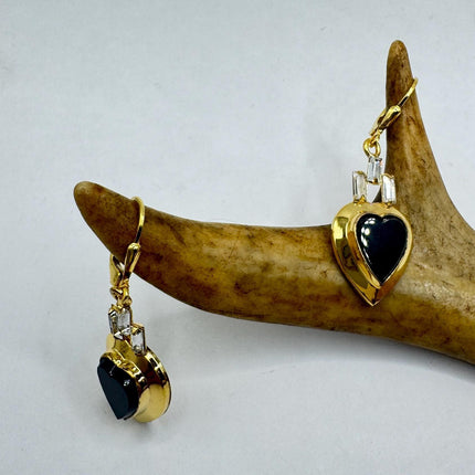 Vintage Black Onyx Gold Heart Earrings: Gold Filled