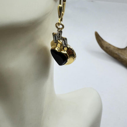 Vintage Black Onyx Gold Heart Earrings: Gold Filled