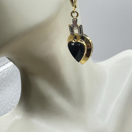 Vintage Black Onyx Gold Heart Earrings: Gold Filled