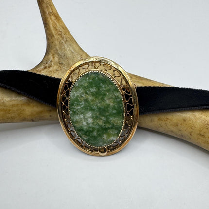Vintage Green Jade Brooch Pin on Gold Filled Black Velvet Choker - Minimal Everyday Accessory