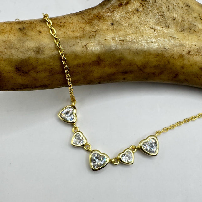 Vintage Clear Heart Cubic Zirconia Deco Choker golden 925 Sterling Silver Necklace