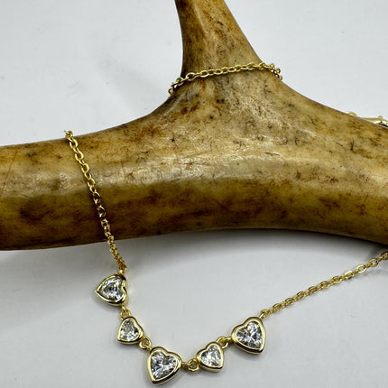Vintage Clear Heart Cubic Zirconia Deco Choker golden 925 Sterling Silver Necklace