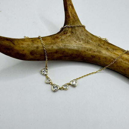 Vintage Clear Heart Cubic Zirconia Deco Choker golden 925 Sterling Silver Necklace