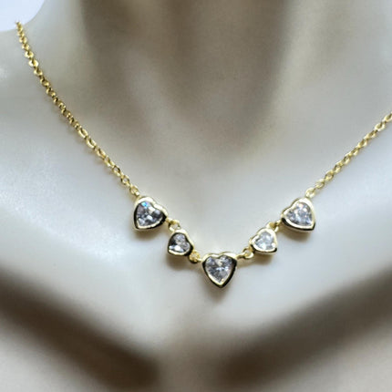 Vintage Clear Heart Cubic Zirconia Deco Choker golden 925 Sterling Silver Necklace