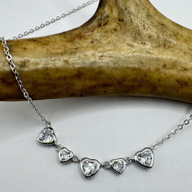 Vintage Clear Heart Cubic Zirconia Deco Choker 925 Sterling Silver Necklace