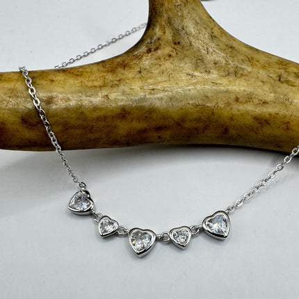 Vintage Clear Heart Cubic Zirconia Deco Choker 925 Sterling Silver Necklace