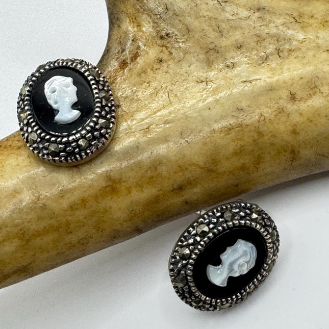 Vintage Black Onyx Cameo Earrings Marcasite 925 sterling silver