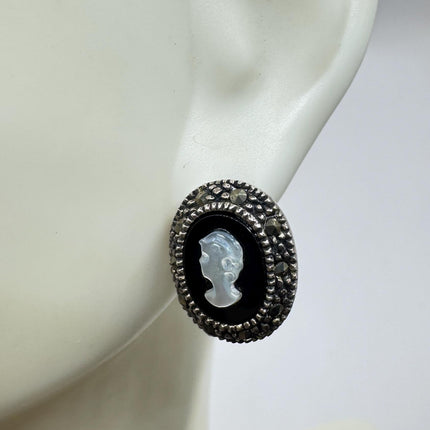 Vintage Black Onyx Cameo Earrings Marcasite 925 sterling silver