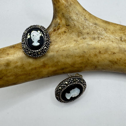 Vintage Black Onyx Cameo Earrings Marcasite 925 sterling silver
