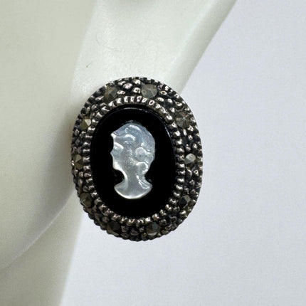Vintage Black Onyx Cameo Earrings Marcasite 925 sterling silver