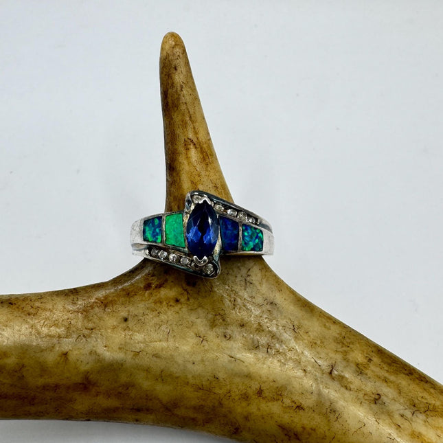 Vintage Iolite Blue Fire Opal Ring 925 Sterling Silver