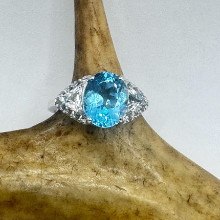 Vintage Blue Topaz Clear Diamond 925 Sterling Silver Ring