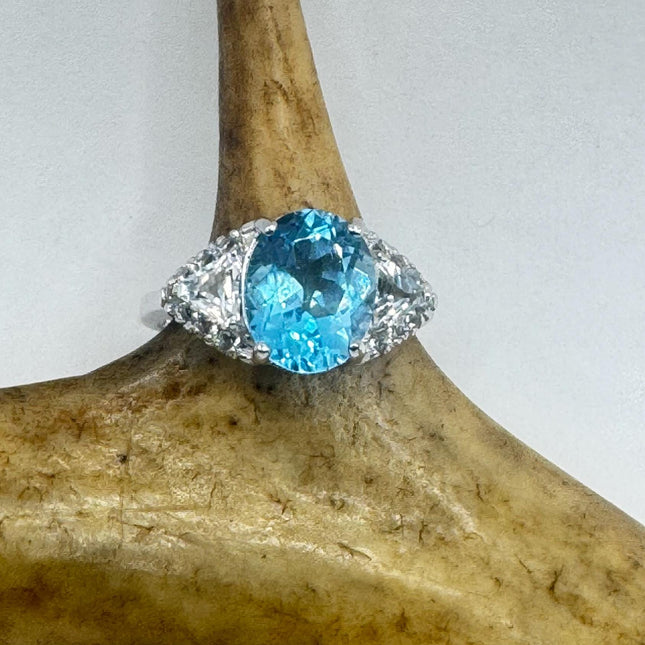 Vintage Blue Topaz Clear Diamond 925 Sterling Silver Ring