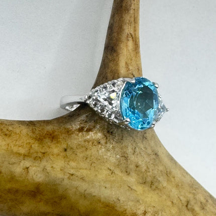 Vintage Blue Topaz Clear Diamond 925 Sterling Silver Ring