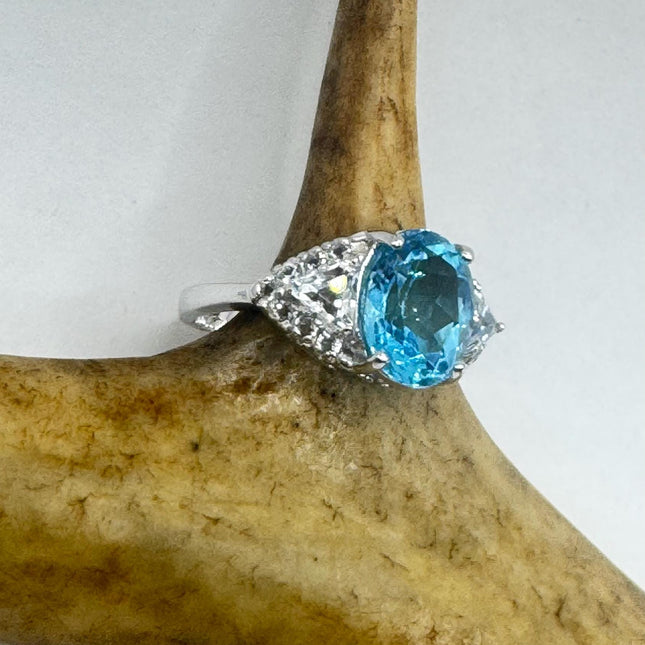 Blue Topaz Silver Ring – Vintage Sterling Silver Band With White Sapphire Accents-Rings-TomWayne Jewelers