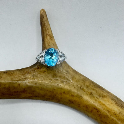 Vintage Blue Topaz Clear Diamond 925 Sterling Silver Ring