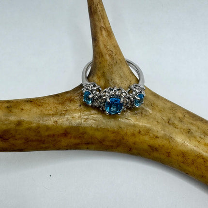 Vintage Blue Topaz Clear Diamond 925 Sterling Silver Ring