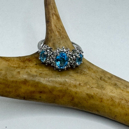 Vintage Blue Topaz Clear Diamond 925 Sterling Silver Ring