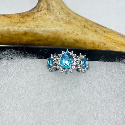 Vintage Blue Topaz Clear Diamond 925 Sterling Silver Ring