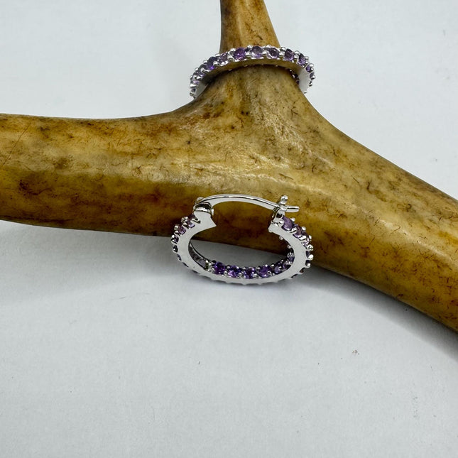 Vintage Purple Amethyst 925 Sterling Silver Hoop Earrings-Earrings-TomWayne Jewelers