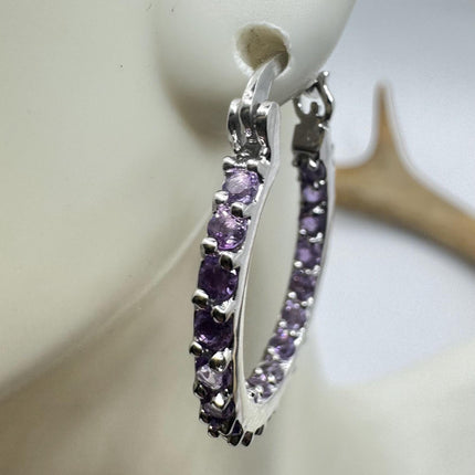 Vintage Purple Amethyst 925 Sterling Silver Hoop Earrings