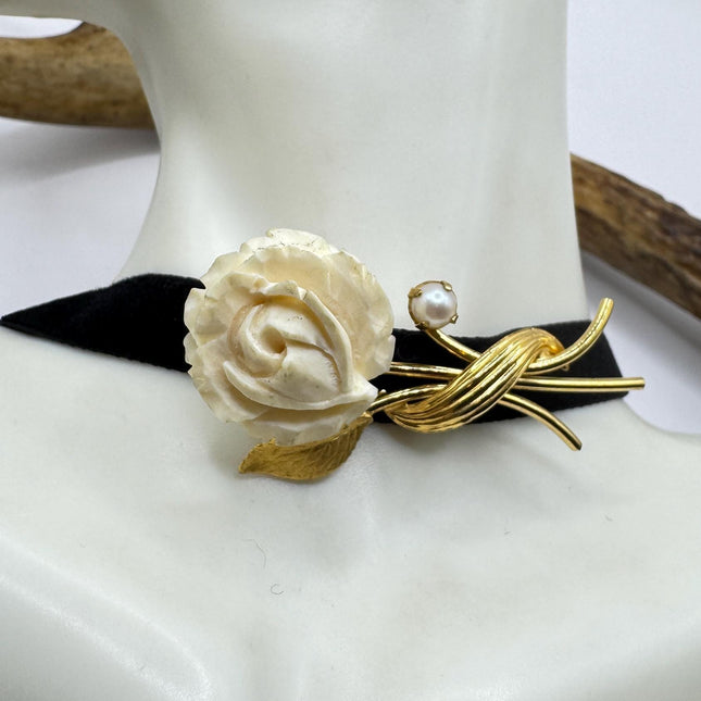 Vintage Ivory Flower Rose Brooch Pin Gold Filled-Pins and Brooches-TomWayne Jewelers