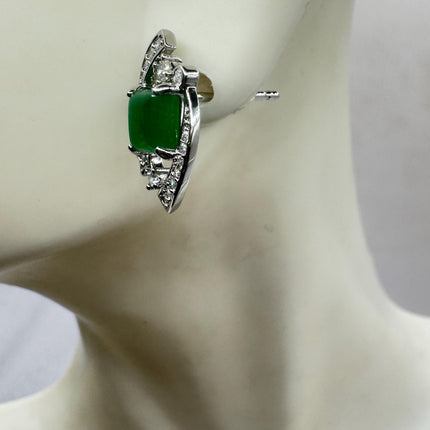 Vintage Silver Green Jade Lucky Stud Earrings