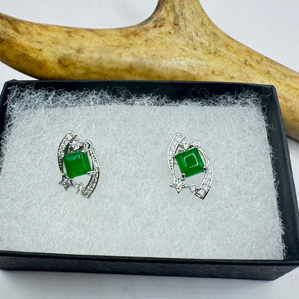 Vintage Silver Green Jade Lucky Stud Earrings
