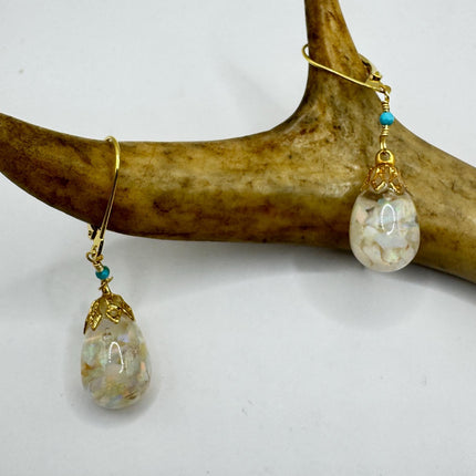 Vintage White Fire Floating Opal Earrings - Gold 925 Sterling Silver