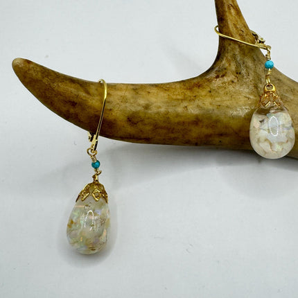 Vintage White Fire Floating Opal Earrings - Gold 925 Sterling Silver