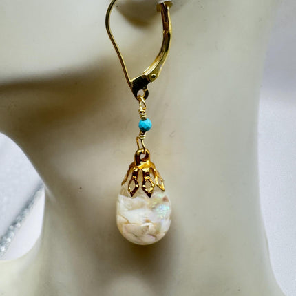 Vintage White Fire Floating Opal Earrings - Gold 925 Sterling Silver